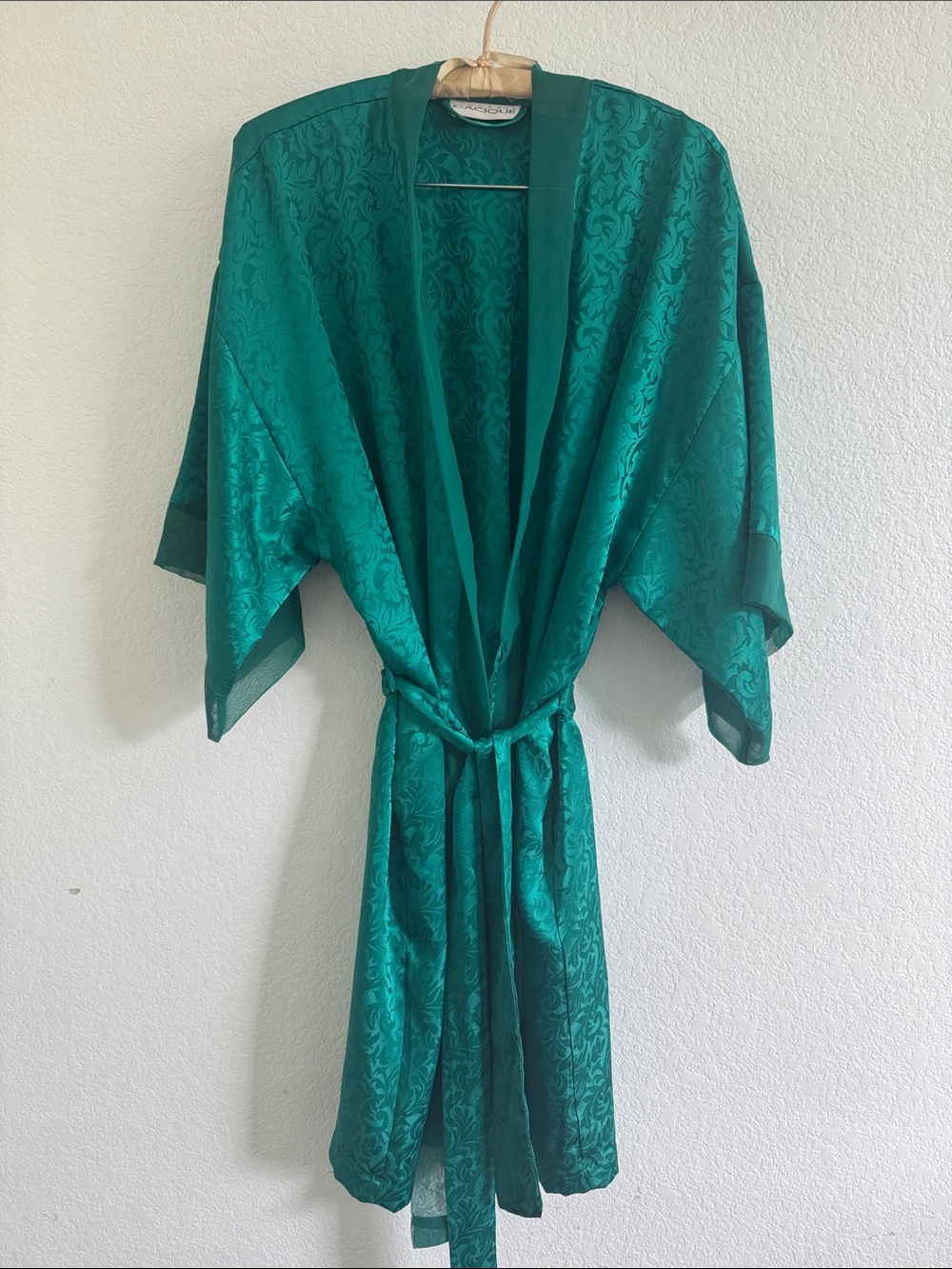 CACIQUE EMERALD SATIN JACQUARD KIMONO ROBE LINGERIE BELTED TIE SIZE SMALL